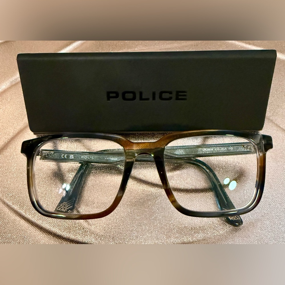 POLICE, blue Havana glasses with case.